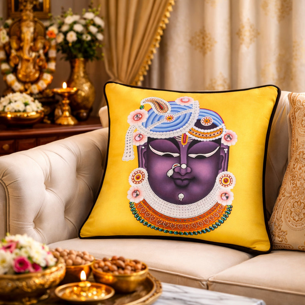 Hand Embroidered Krishna Velvet Cushion Cover in Yellow