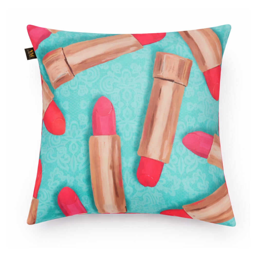Turquoise Velvet Lipstick Print Cushion Cover