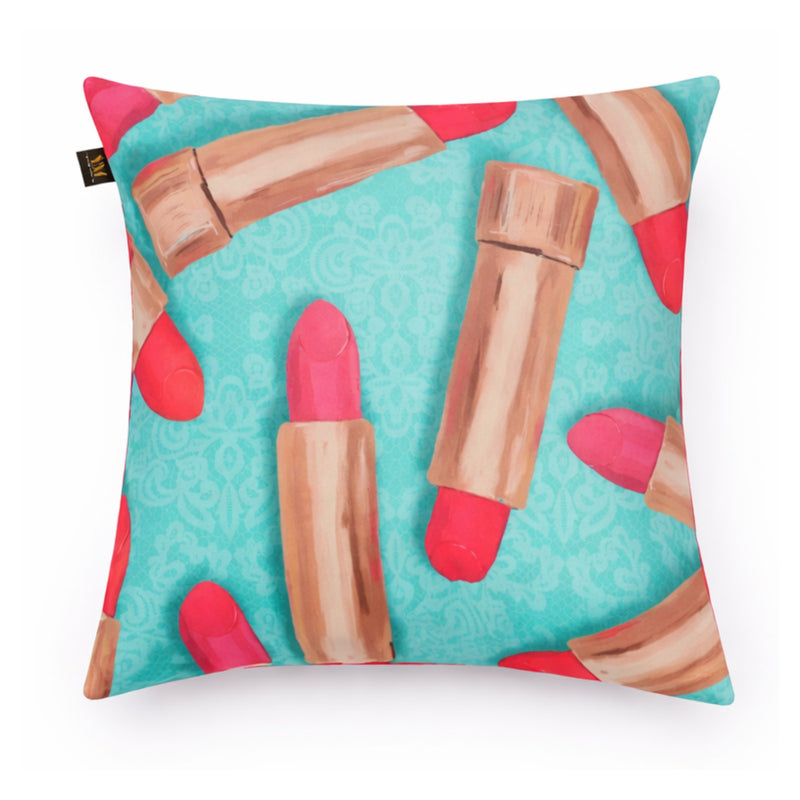 Turquoise Velvet Lipstick Print Cushion Cover