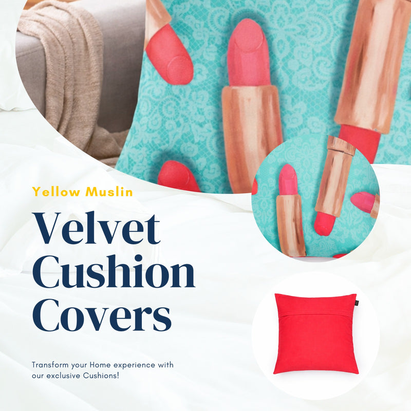 Turquoise Velvet Lipstick Print Cushion Cover