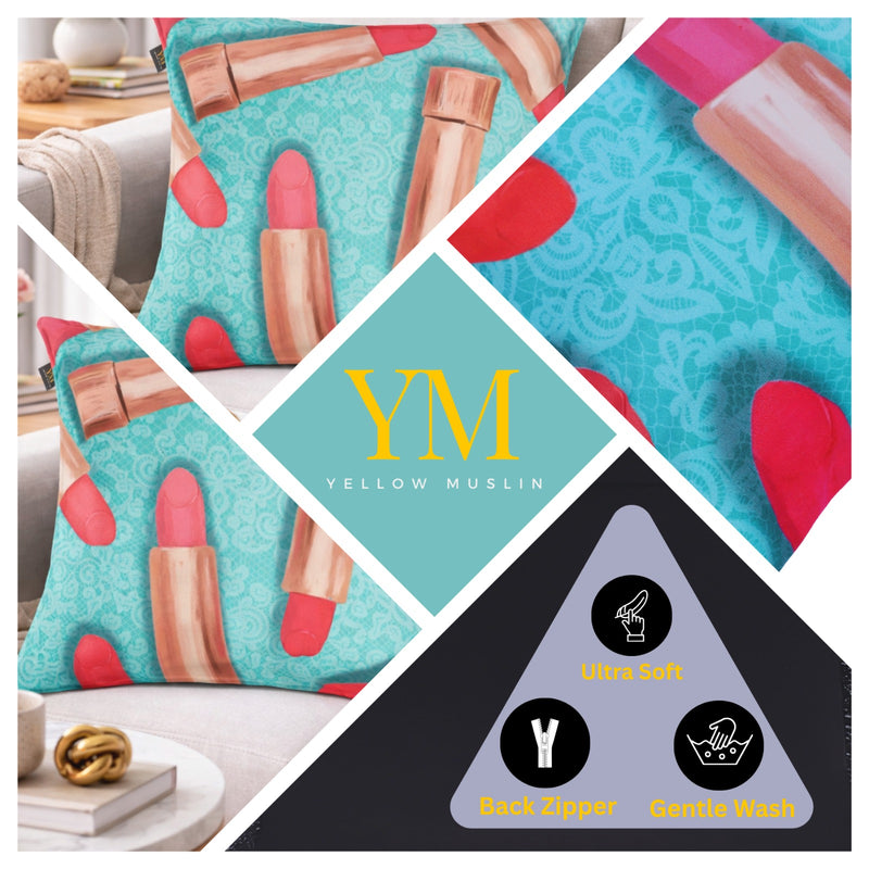 Turquoise Velvet Lipstick Print Cushion Cover