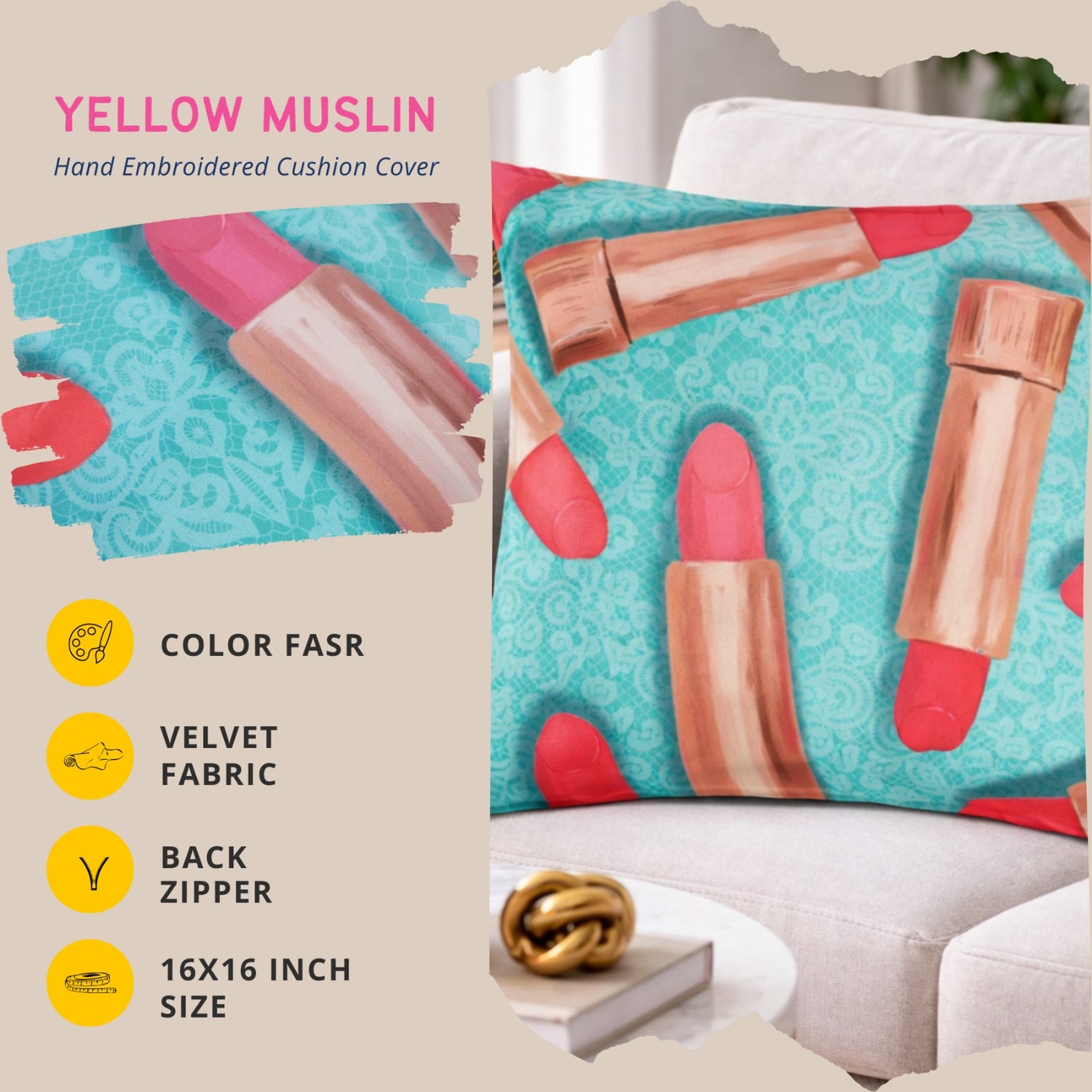Turquoise Velvet Lipstick Print Cushion Cover