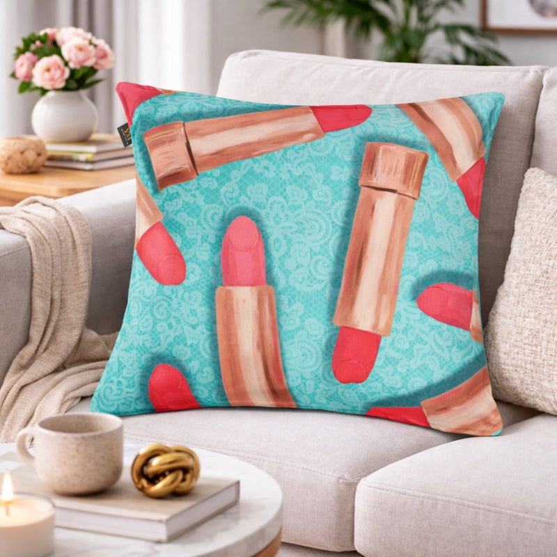Turquoise Velvet Lipstick Print Cushion Cover