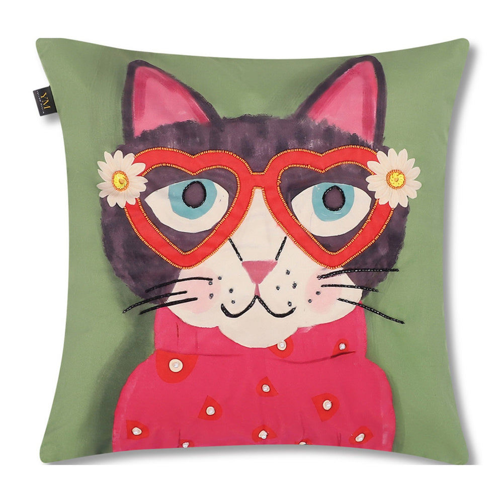 Hand Embroidered Whimsical Cat Cushion Cover