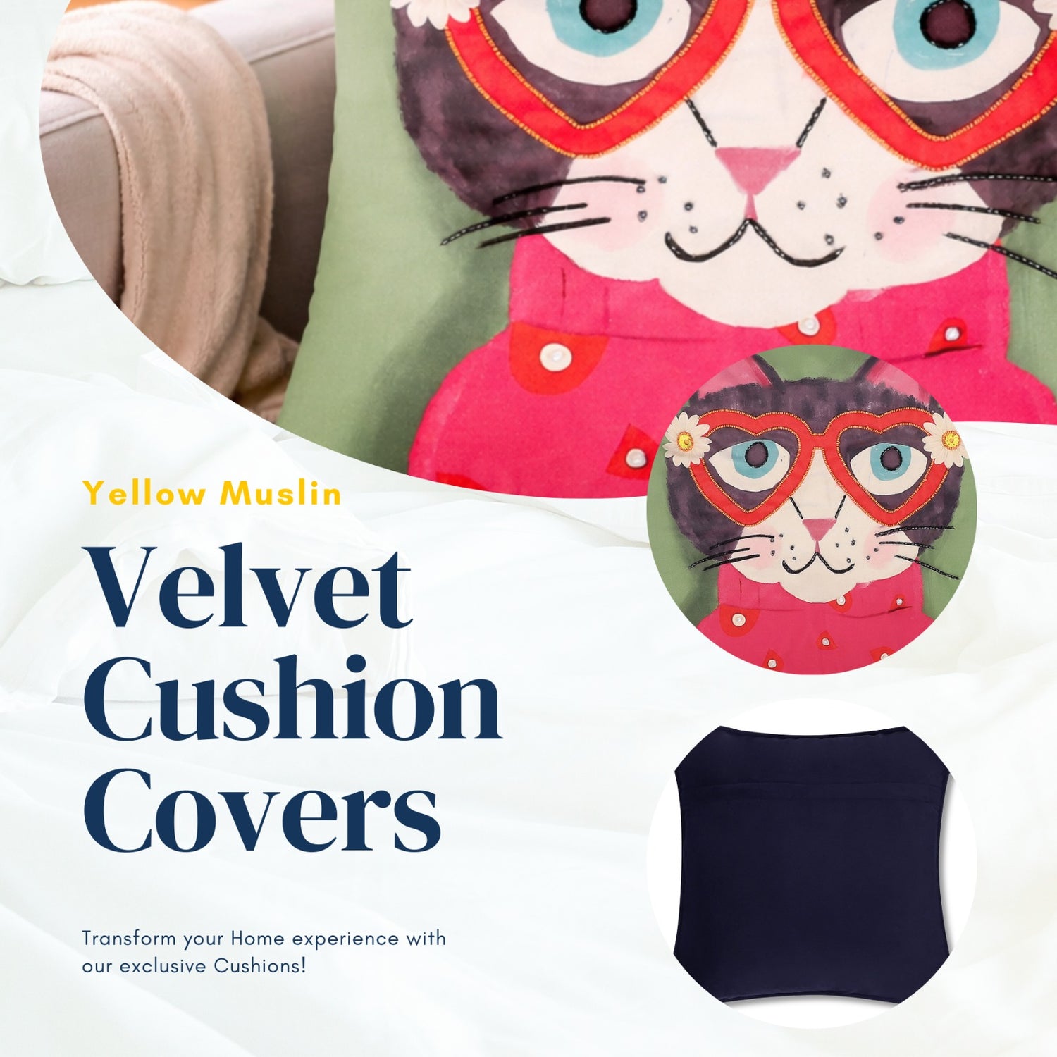 Hand Embroidered Whimsical Cat Cushion Cover