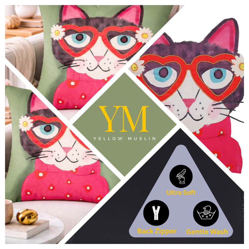 Hand Embroidered Whimsical Cat Cushion Cover