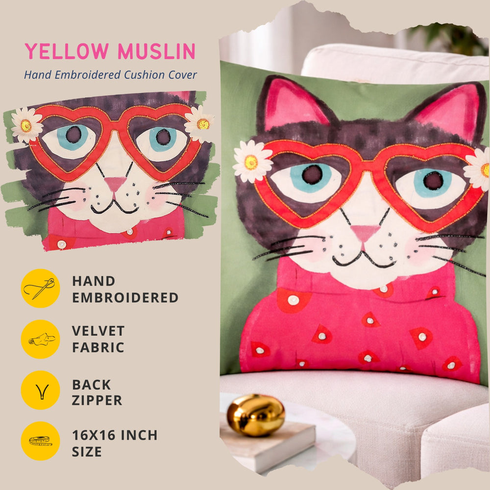 Hand Embroidered Whimsical Cat Cushion Cover