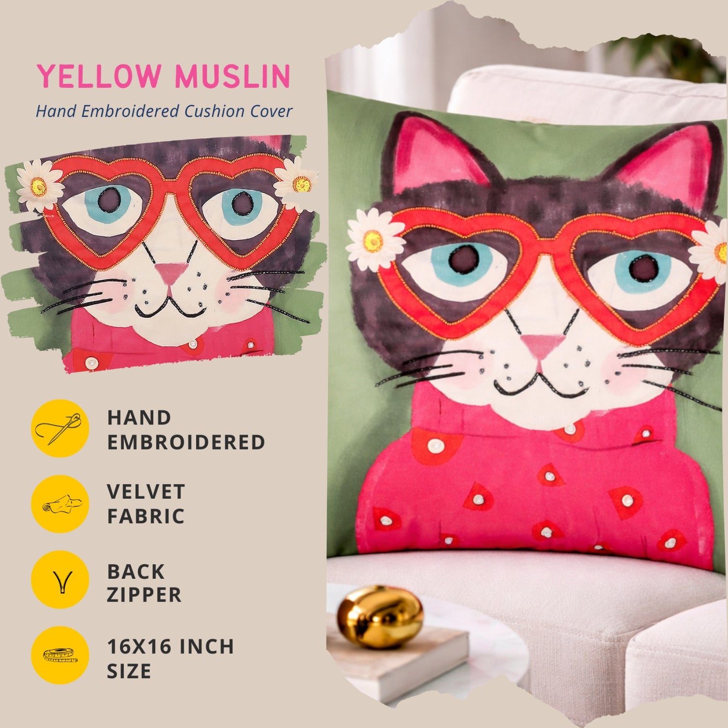 Hand Embroidered Whimsical Cat Cushion Cover