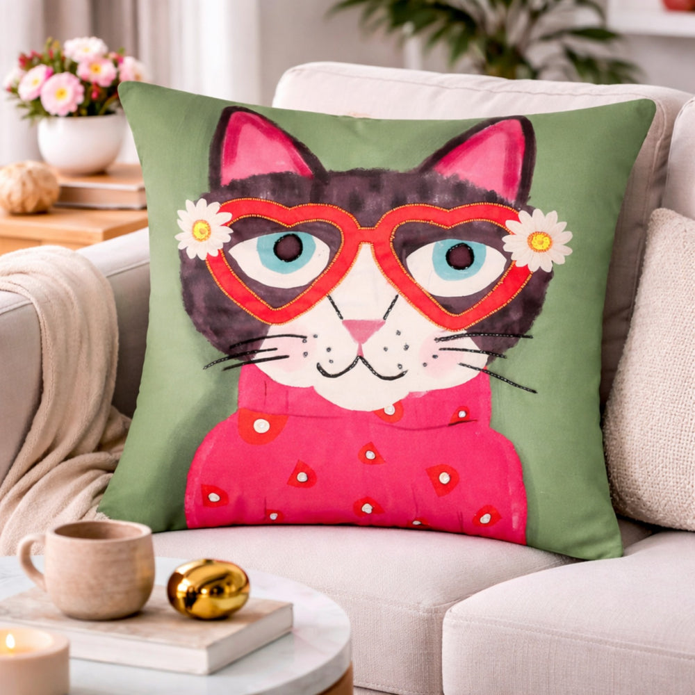 Hand Embroidered Whimsical Cat Cushion Cover