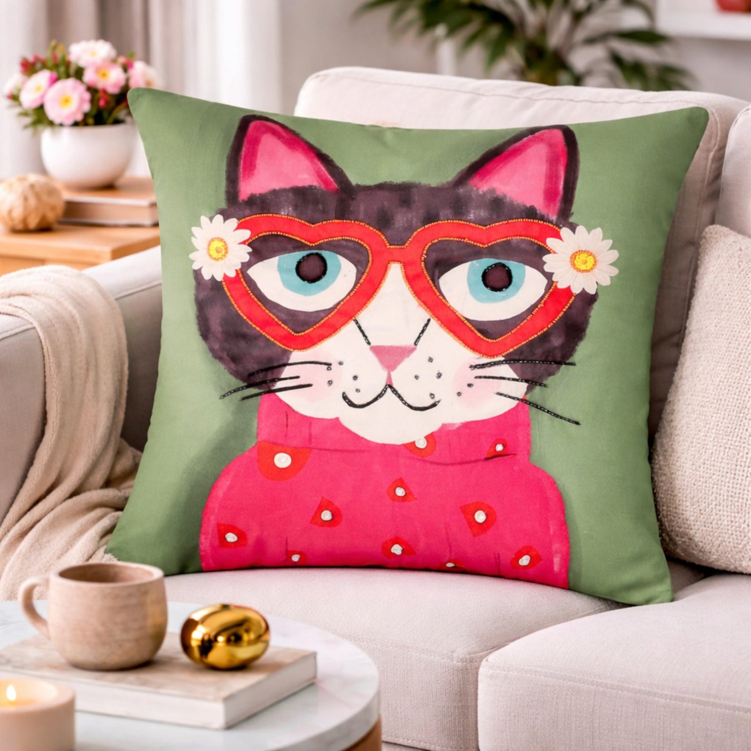 Hand Embroidered Whimsical Cat Cushion Cover