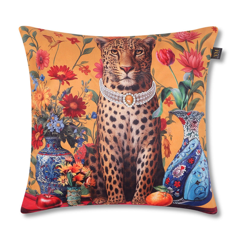 Regal Leopard Embroidered Velvet Cushion Cover