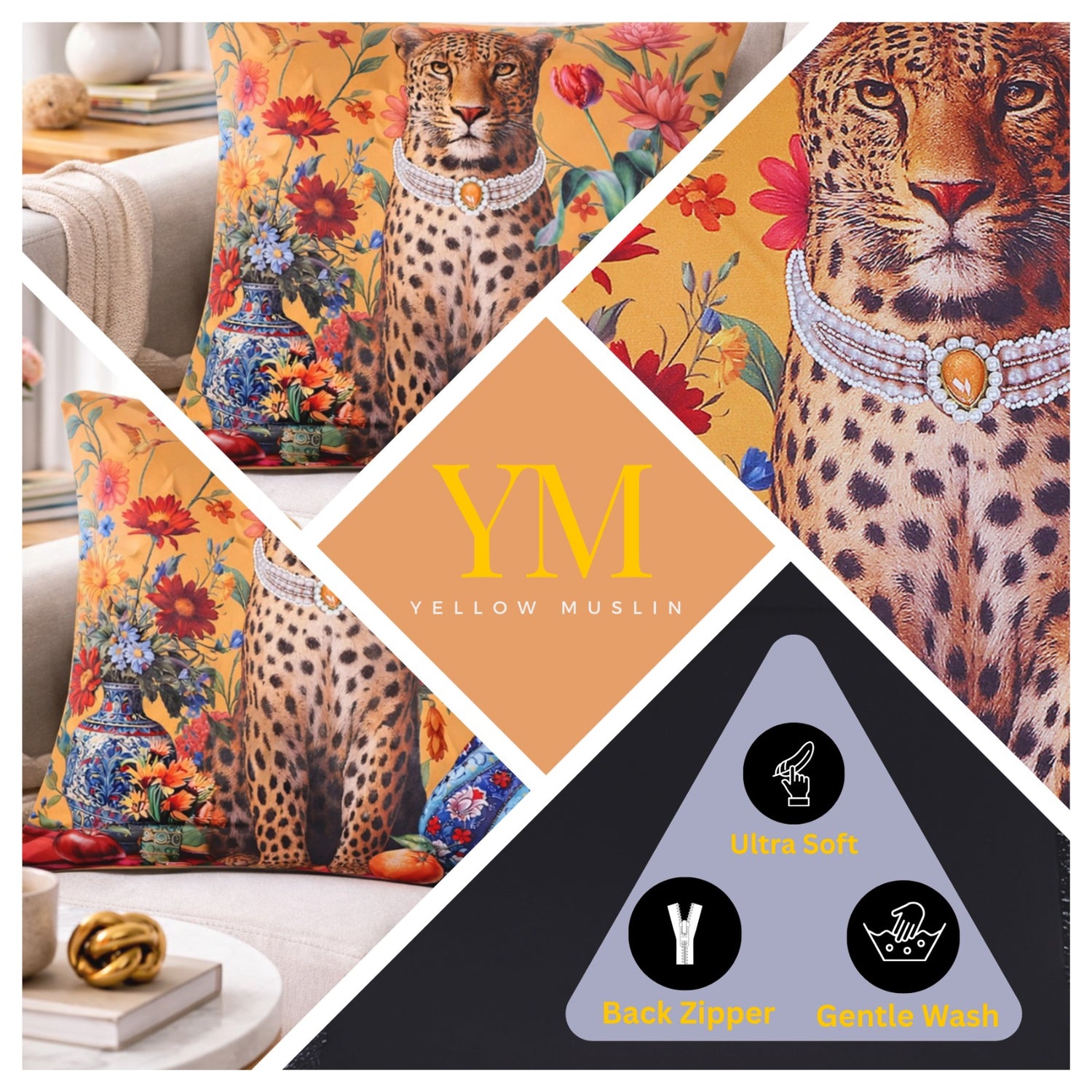 Regal Leopard Embroidered Velvet Cushion Cover
