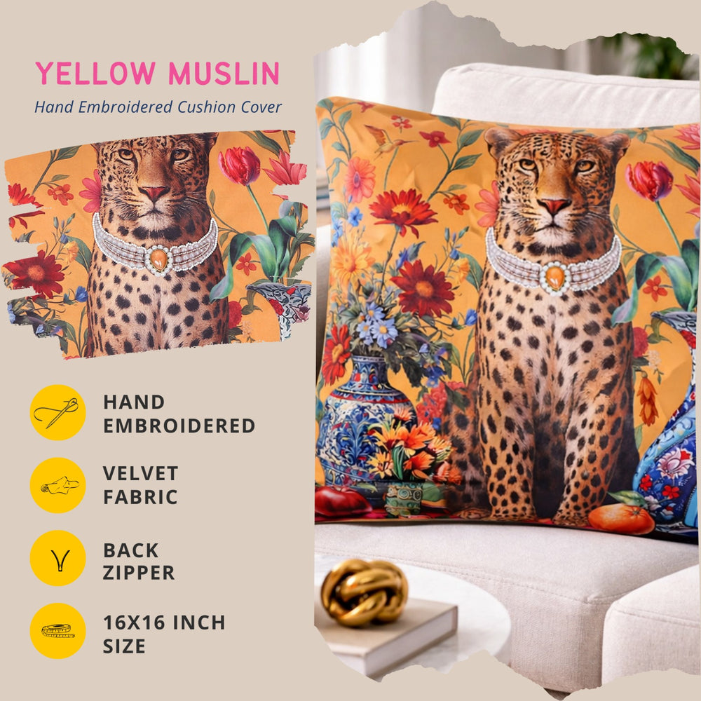 Regal Leopard Embroidered Velvet Cushion Cover