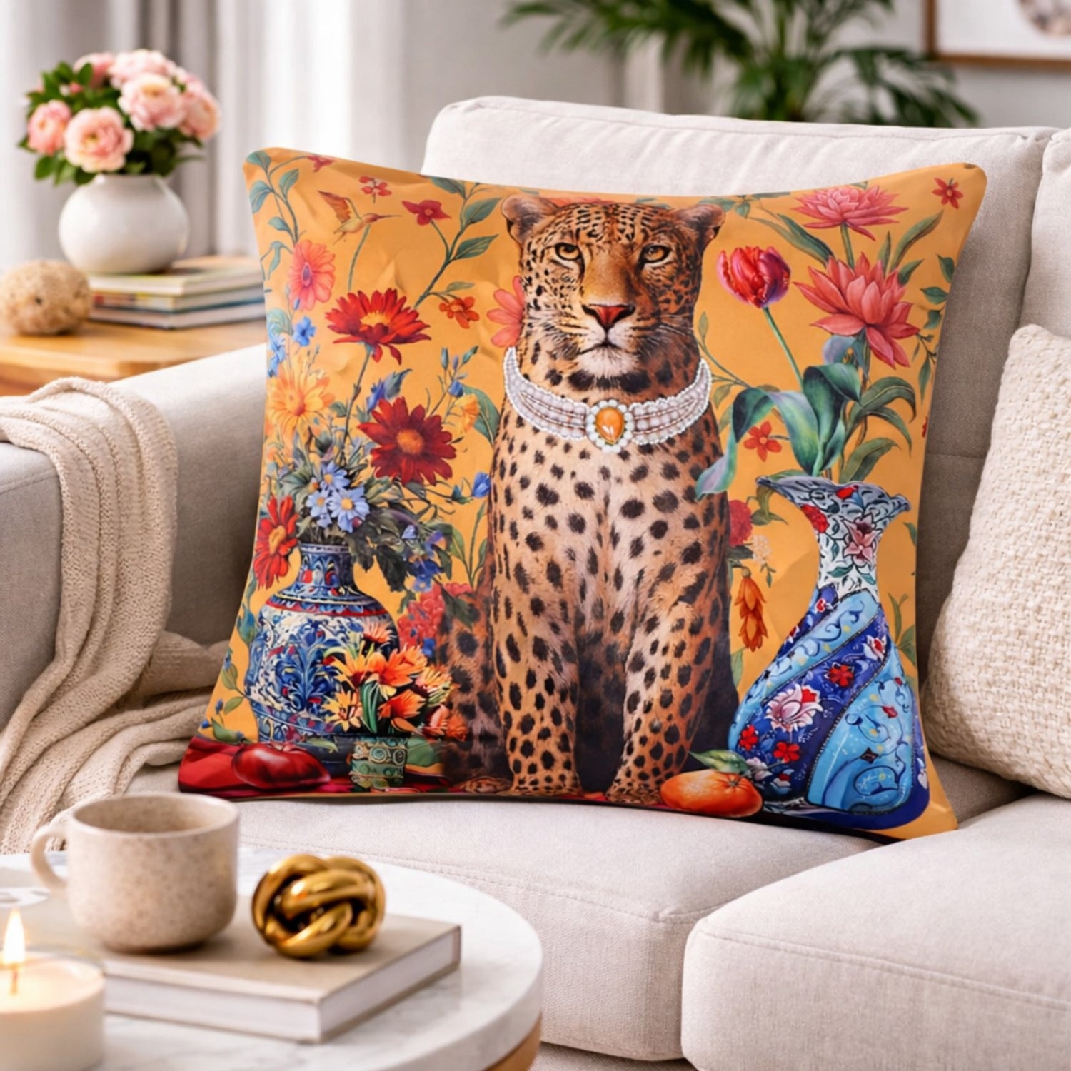 Regal Leopard Embroidered Velvet Cushion Cover