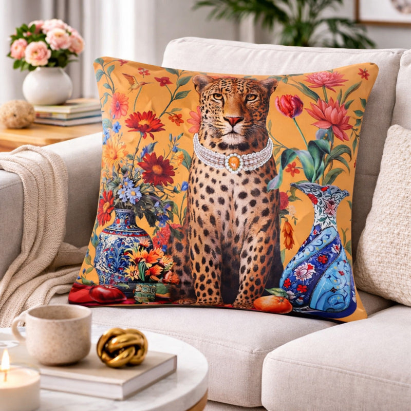 Regal Leopard Embroidered Velvet Cushion Cover