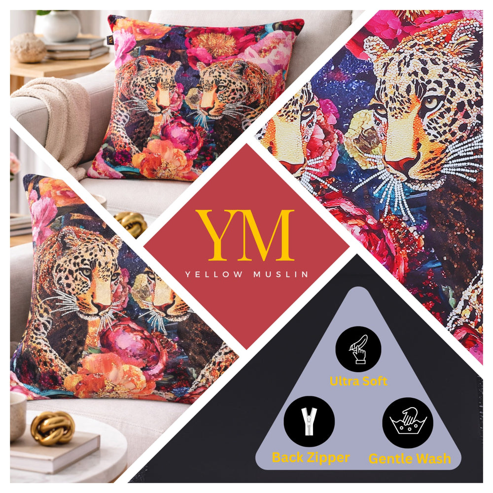 Hand Embroidered Twin Leopard Velvet Cushion Cover