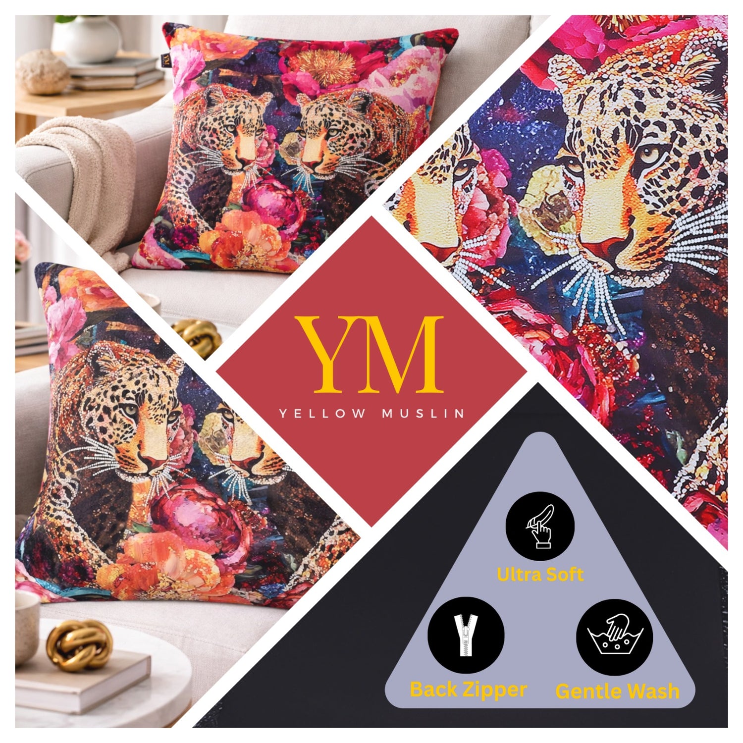 Hand Embroidered Twin Leopard Velvet Cushion Cover