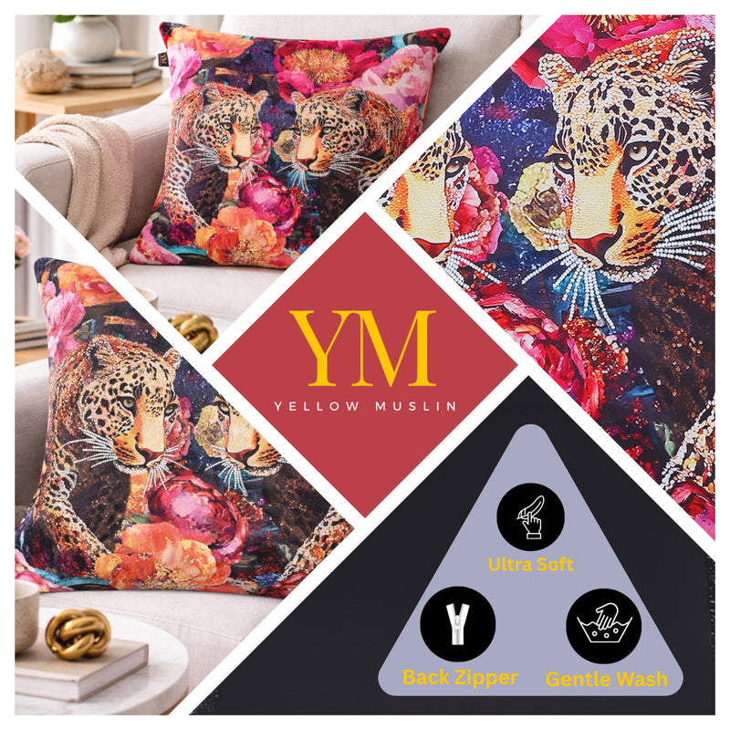 Hand Embroidered Twin Leopard Velvet Cushion Cover