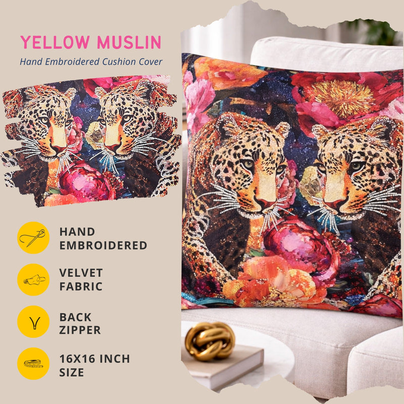 Hand Embroidered Twin Leopard Velvet Cushion Cover