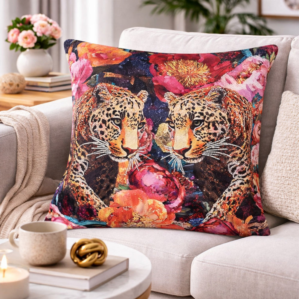 Hand Embroidered Twin Leopard Velvet Cushion Cover