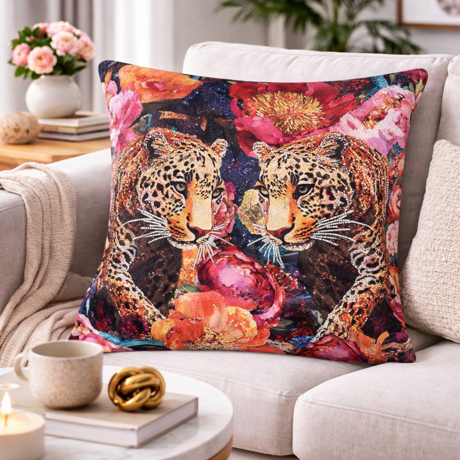 Hand Embroidered Twin Leopard Velvet Cushion Cover