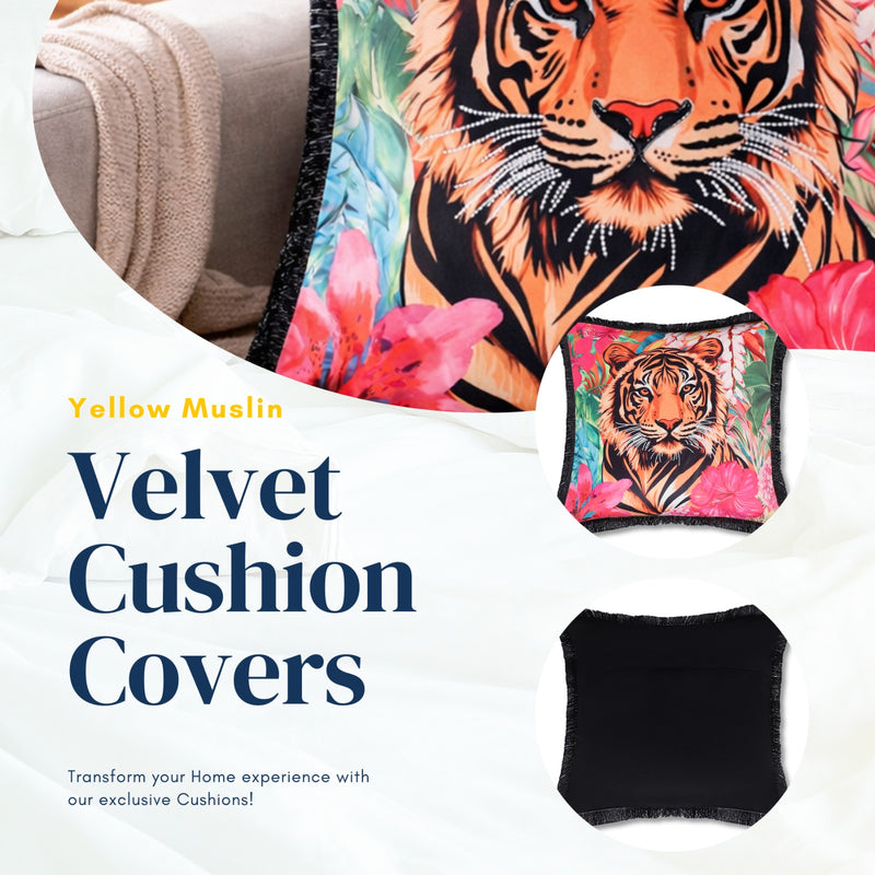 Tropical Tiger Embroidered Velvet Cushion Cover with Black Fringe