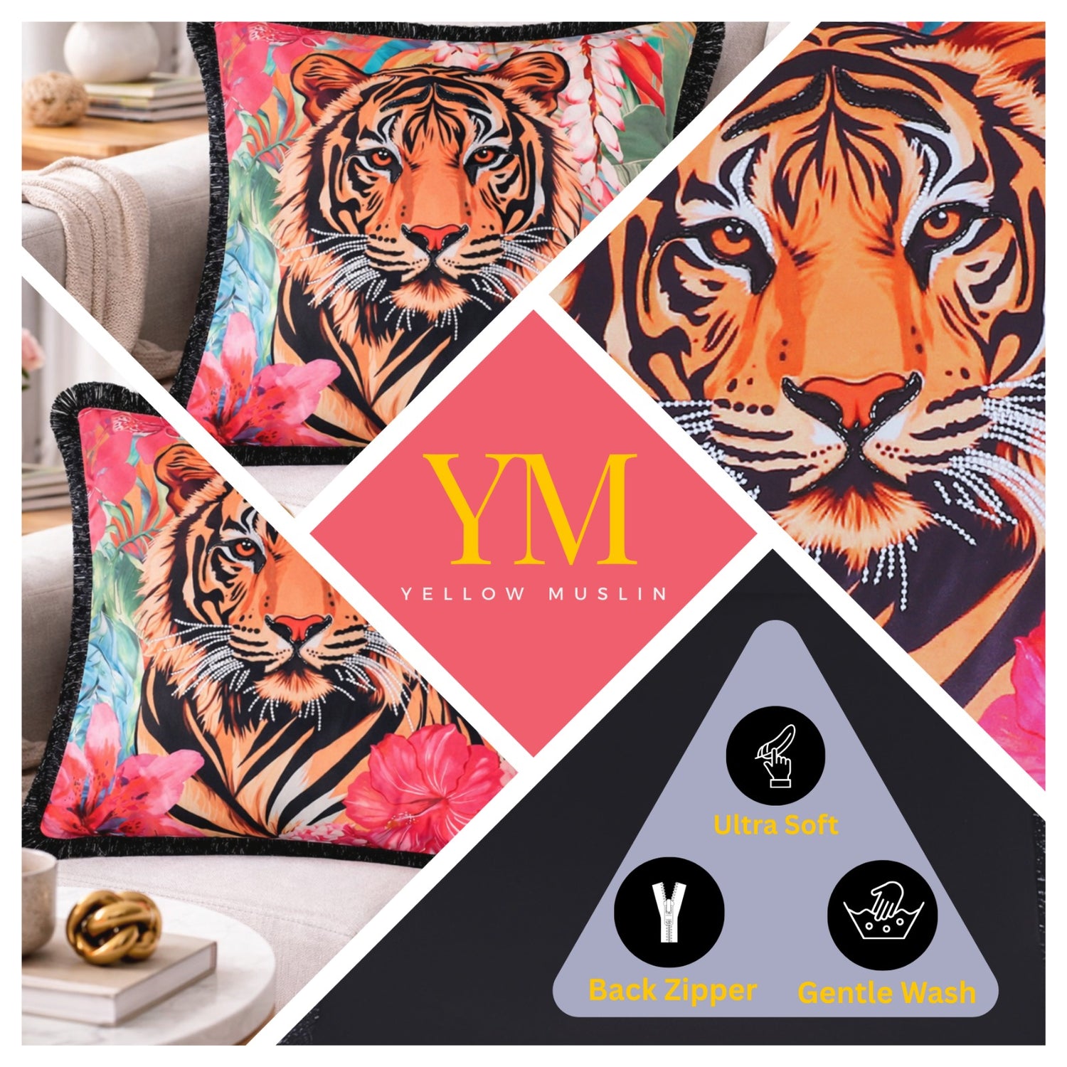 Tropical Tiger Embroidered Velvet Cushion Cover with Black Fringe