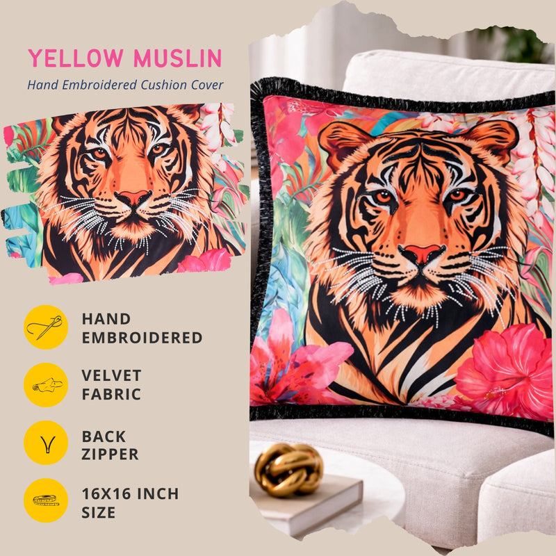 Tropical Tiger Embroidered Velvet Cushion Cover with Black Fringe