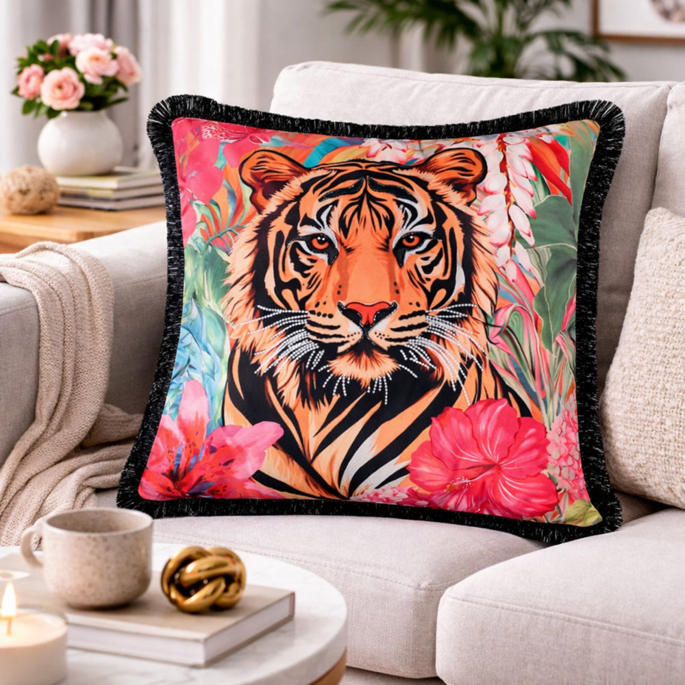 Tropical Tiger Embroidered Velvet Cushion Cover with Black Fringe