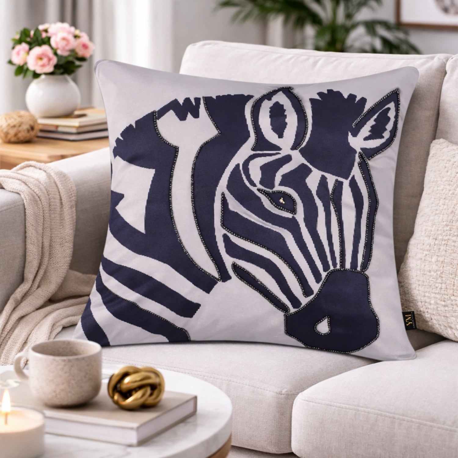 Hand Embroidered Zebra Cushion Cover