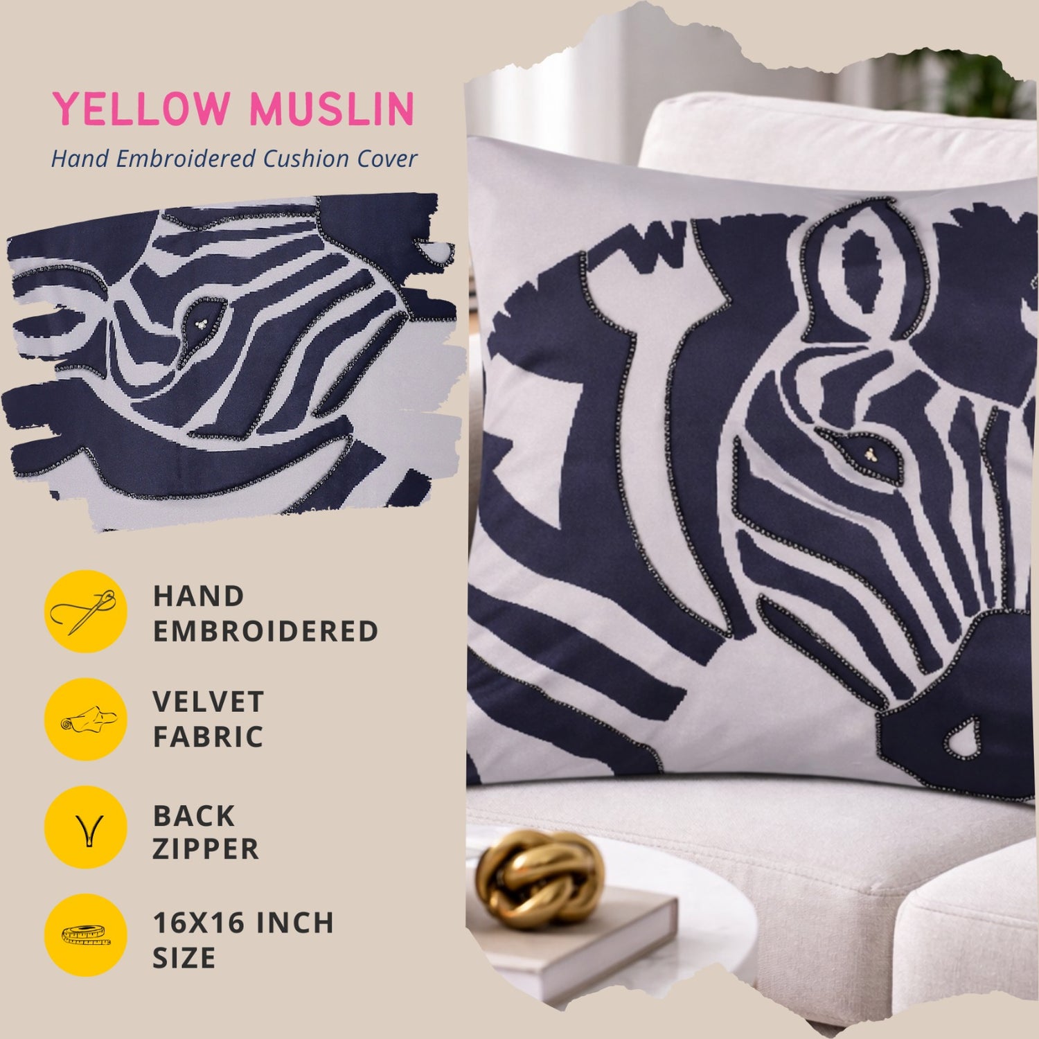 Hand Embroidered Zebra Cushion Cover