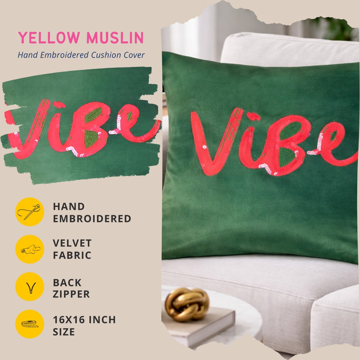 Hand Embroidered “Vibe” Velvet Cushion Cover
