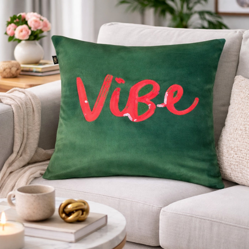 Hand Embroidered “Vibe” Velvet Cushion Cover