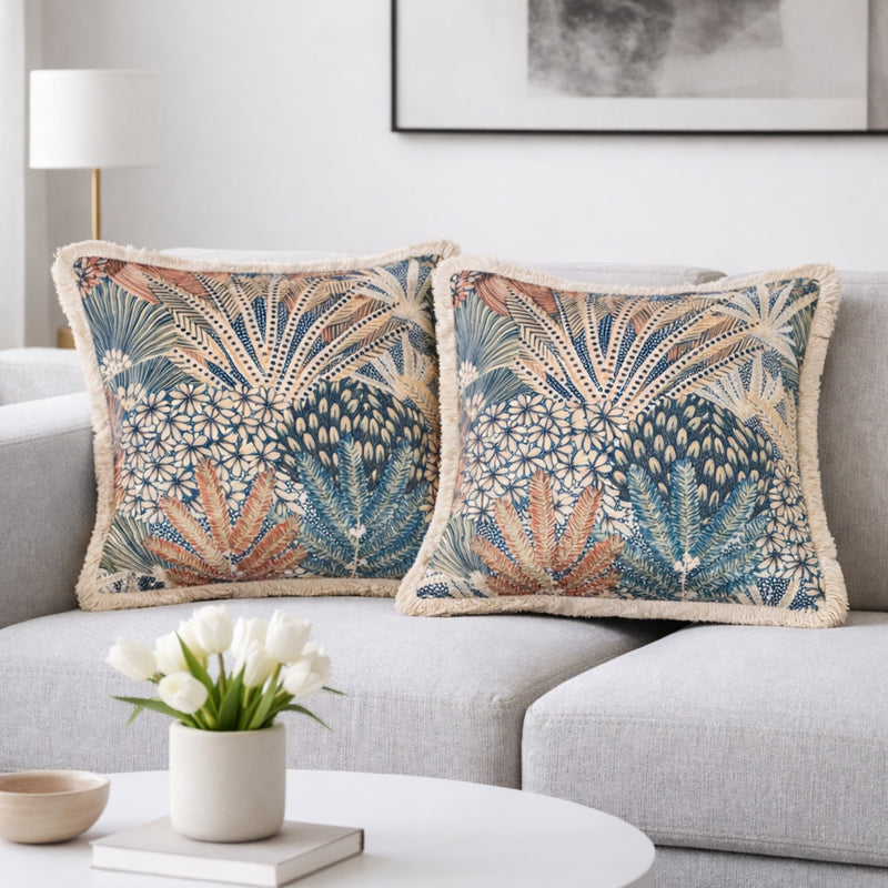 Blue Botanical Velvet Cushion Covers – Set of 2