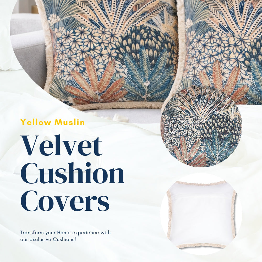 Blue Botanical Velvet Cushion Covers – Set of 2