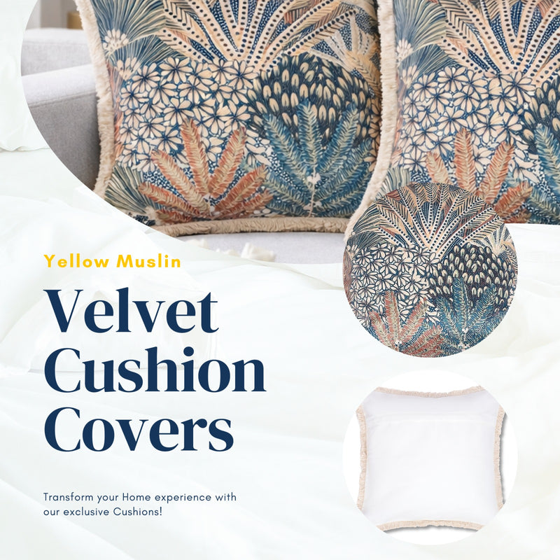 Blue Botanical Velvet Cushion Covers – Set of 2