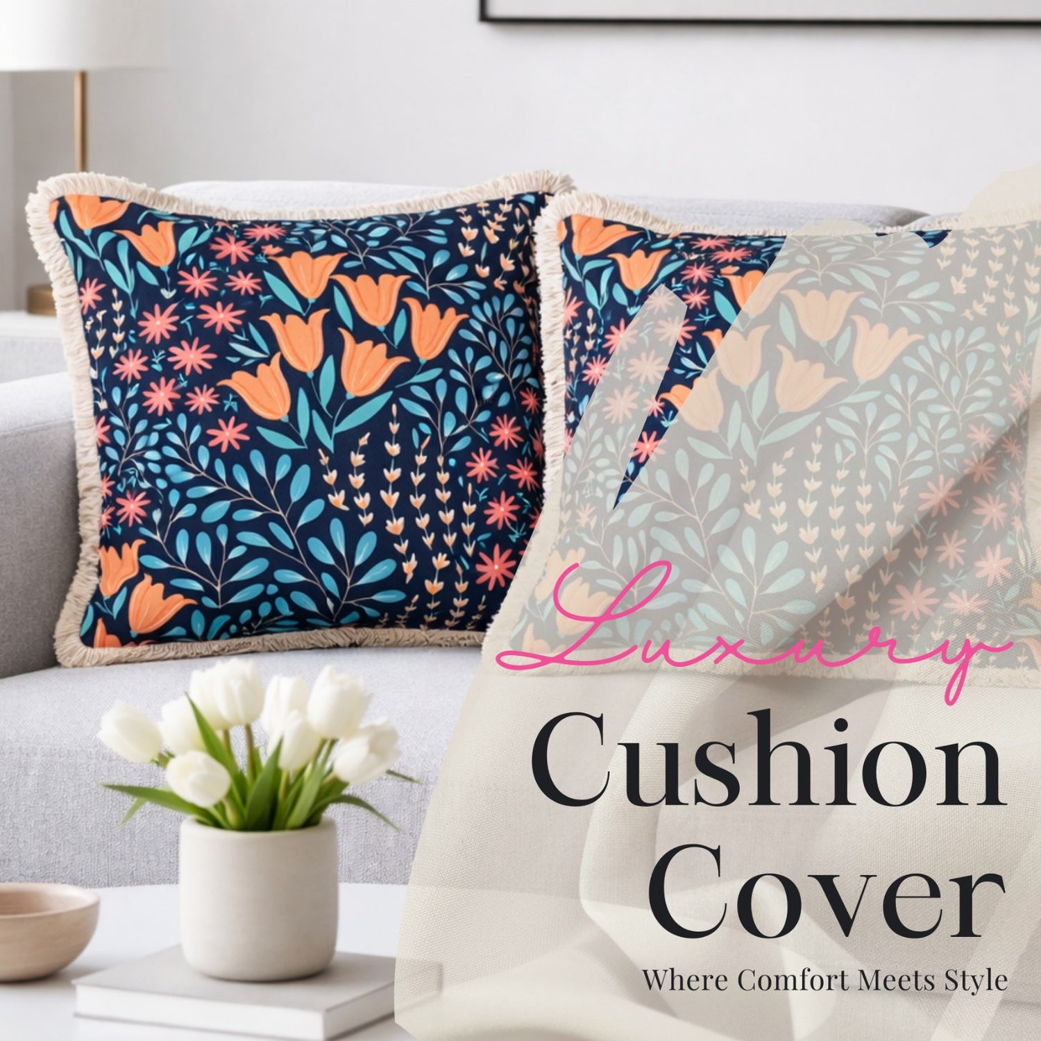 Navy Floral Velvet Cushion Covers – Set of 2