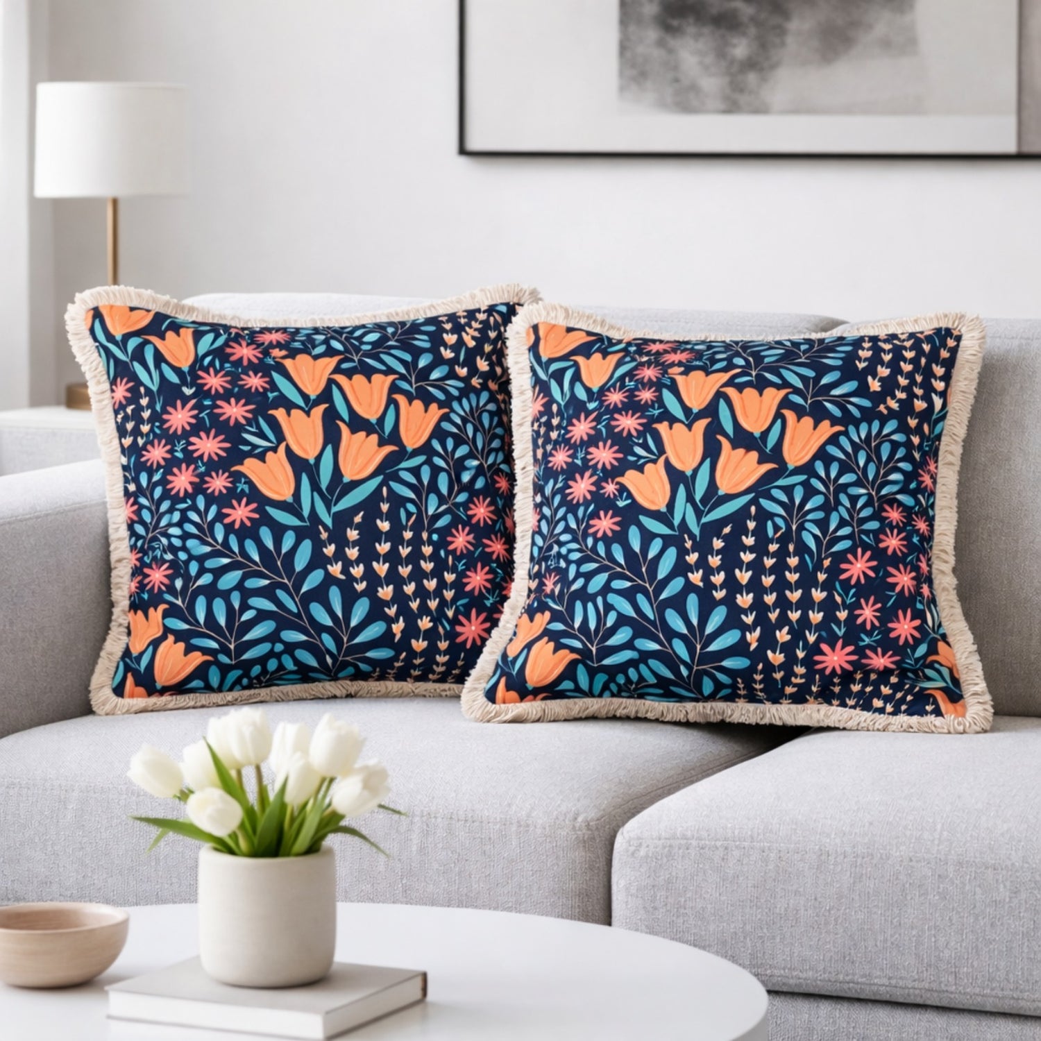 Navy Floral Velvet Cushion Covers – Set of 2