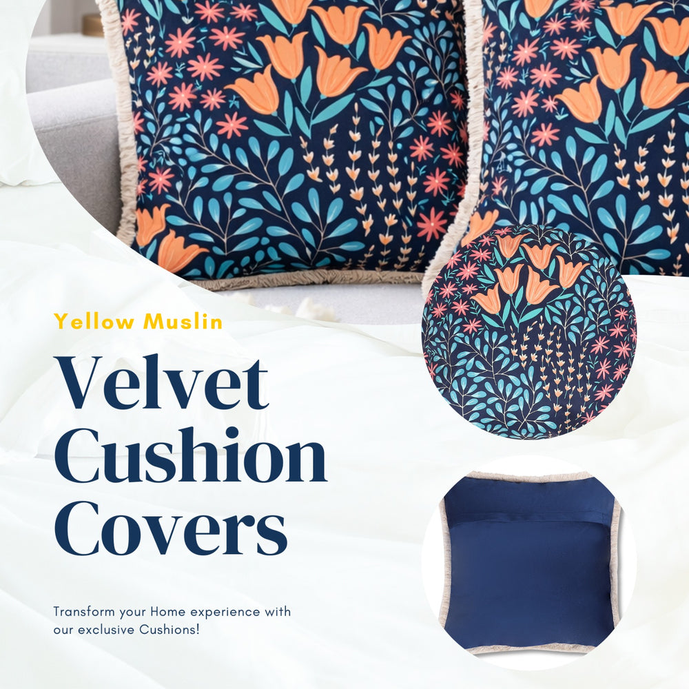 Navy Floral Velvet Cushion Covers – Set of 2