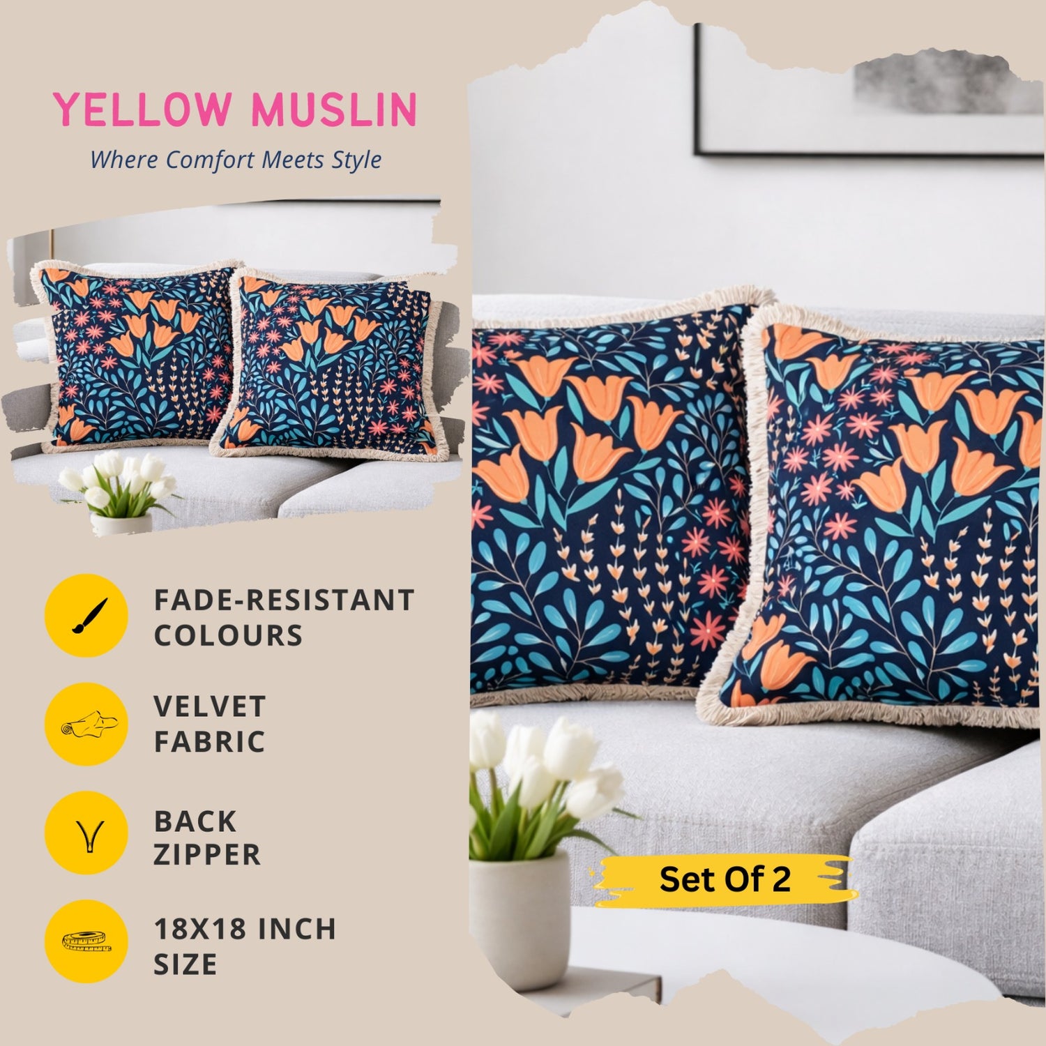 Navy Floral Velvet Cushion Covers – Set of 2