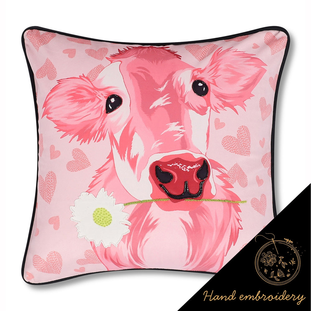 Country Chic Cow & Stripe Hand Embroidered Velvet Cushion Covers – Set of 3