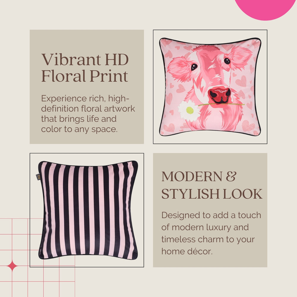 Country Chic Cow & Stripe Hand Embroidered Velvet Cushion Covers – Set of 3