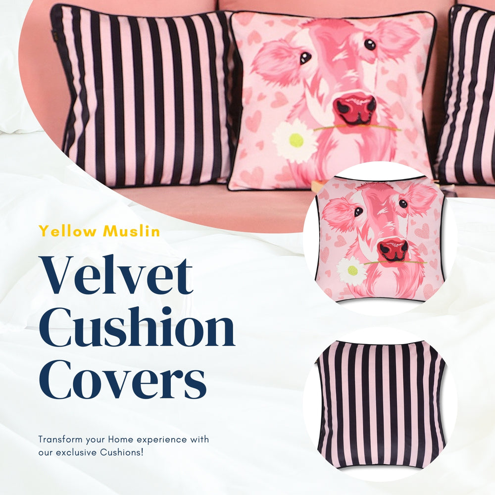 Country Chic Cow & Stripe Hand Embroidered Velvet Cushion Covers – Set of 3