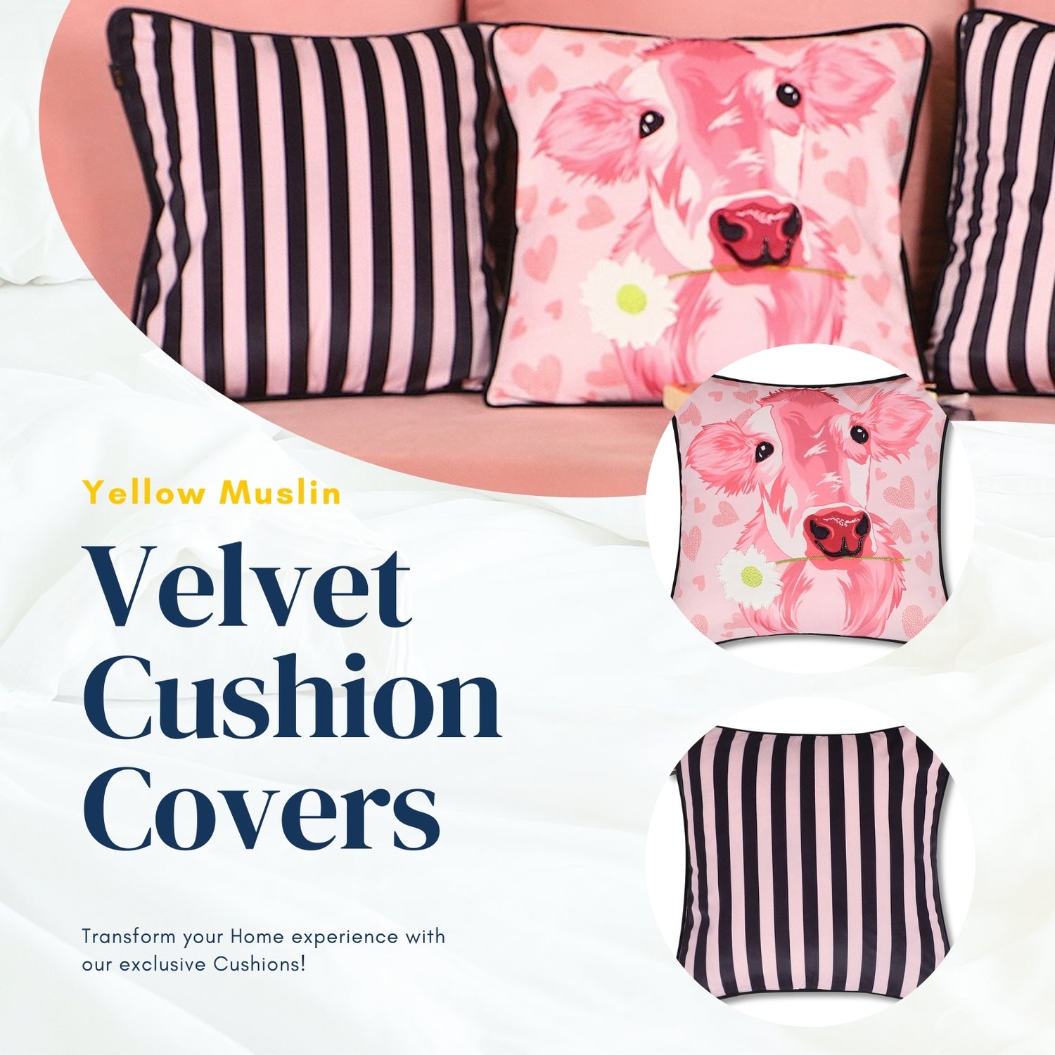Country Chic Cow & Stripe Hand Embroidered Velvet Cushion Covers – Set of 3