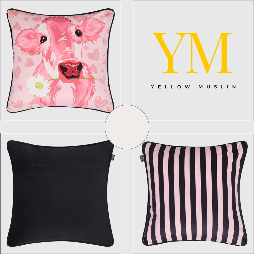 Country Chic Cow & Stripe Hand Embroidered Velvet Cushion Covers – Set of 3