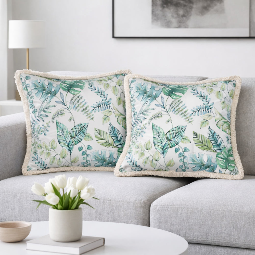 Multicolour Velvet Cushion Covers Set of 2, 18 x 18 Inch Decorative Throw Pillow Covers for Sofa, Abstract Leaf Botanical Print with Fringe Edges, Stylish Cushion Covers for Living Room