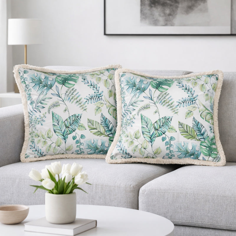 Multicolour Velvet Cushion Covers Set of 2, 18 x 18 Inch Decorative Throw Pillow Covers for Sofa, Abstract Leaf Botanical Print with Fringe Edges, Stylish Cushion Covers for Living Room
