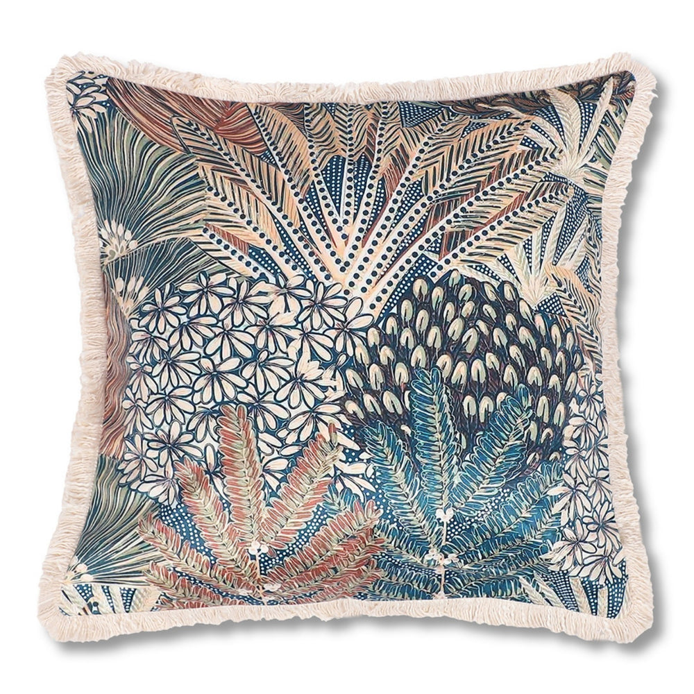 Multicolour Velvet Cushion Covers Set of 2, 18 x 18 Inch Decorative Throw Pillow Covers with Fringe Edges, Abstract Tropical Beach Palm Botanical Print for Sofa, Bedroom & Chair