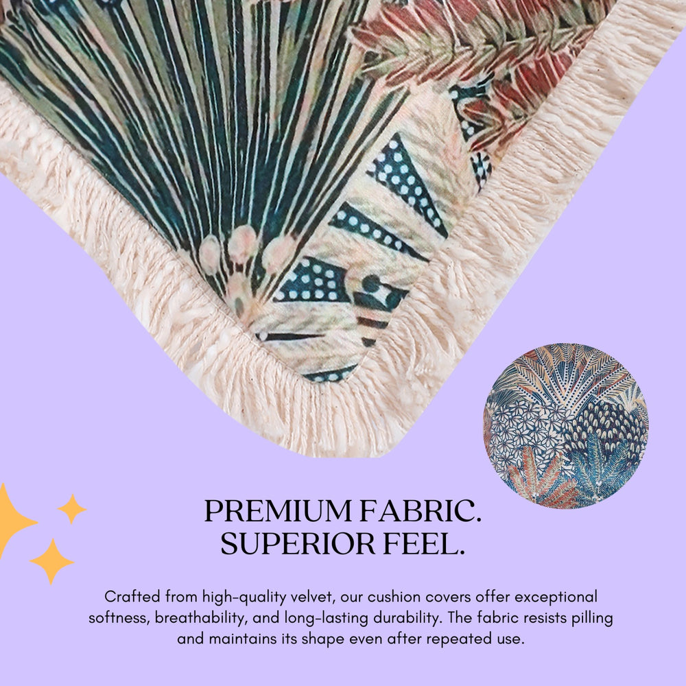 Multicolour Velvet Cushion Covers Set of 2, 18 x 18 Inch Decorative Throw Pillow Covers with Fringe Edges, Abstract Tropical Beach Palm Botanical Print for Sofa, Bedroom & Chair