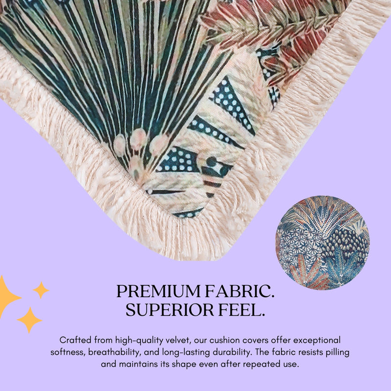 Multicolour Velvet Cushion Covers Set of 2, 18 x 18 Inch Decorative Throw Pillow Covers with Fringe Edges, Abstract Tropical Beach Palm Botanical Print for Sofa, Bedroom & Chair